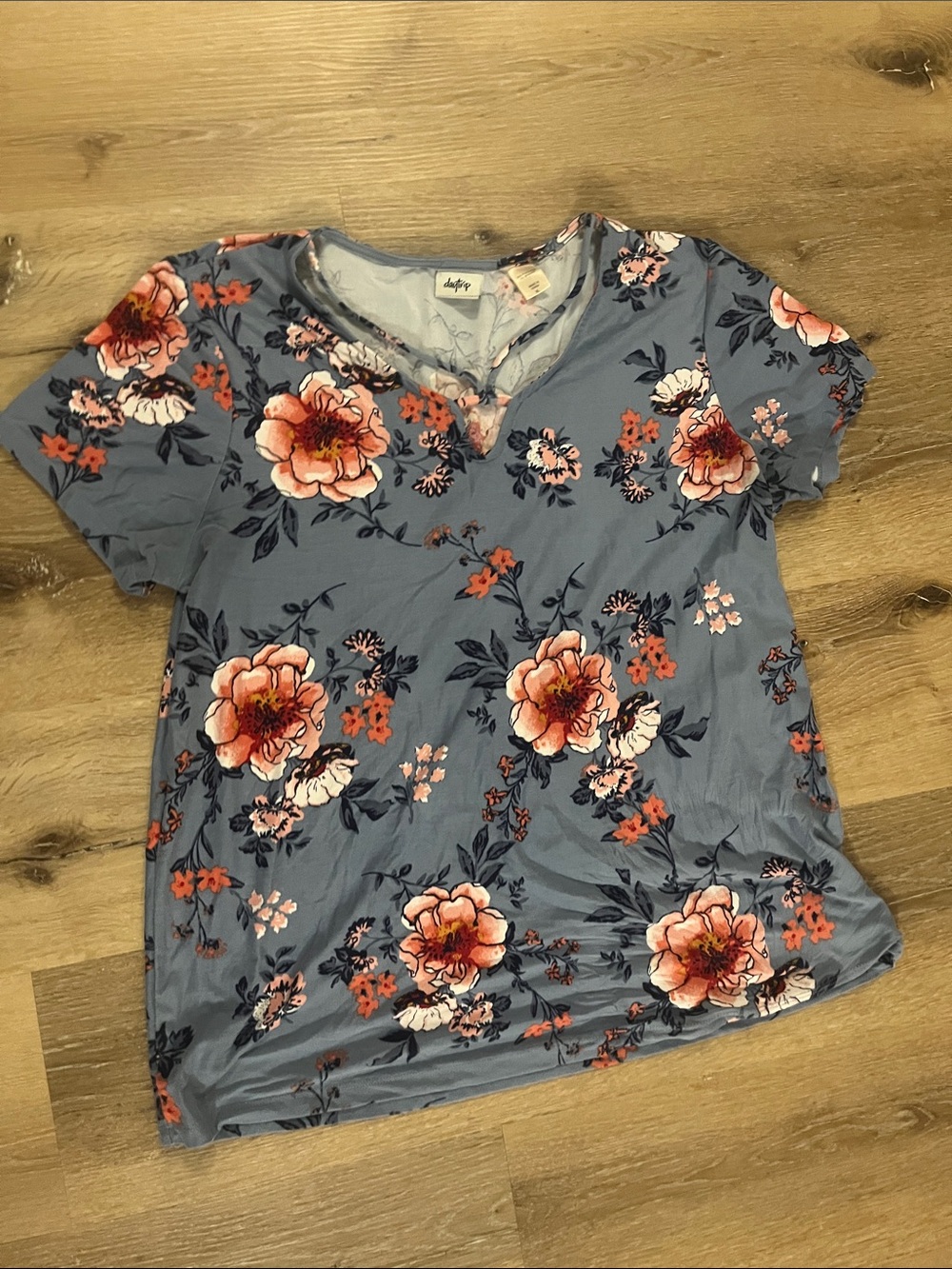 Daytrip Blue Floral Notch V-Neck Short Sleeve Top